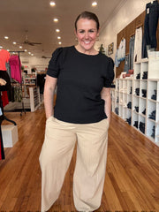 Linen Blend Pants with Smocked Waist- Sand