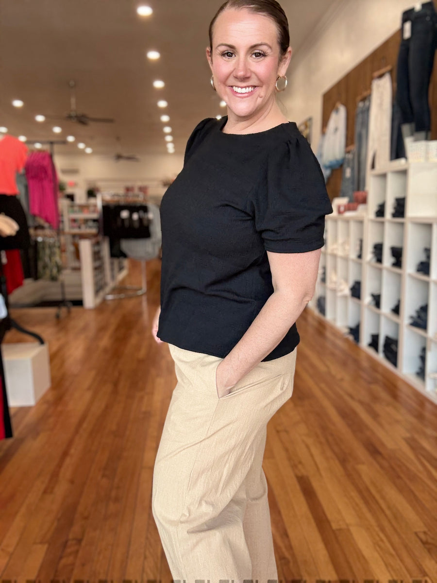 Linen Blend Pants with Smocked Waist- Sand