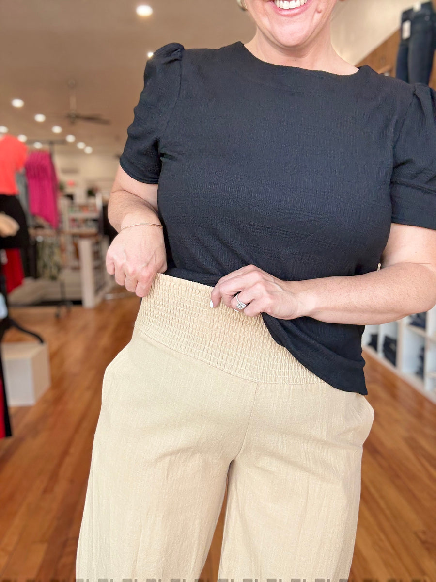 Linen Blend Pants with Smocked Waist- Sand