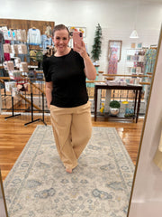 Linen Blend Pants with Smocked Waist- Sand