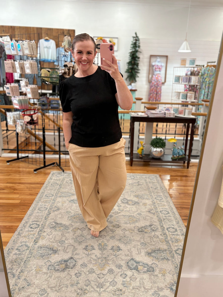 Linen Blend Pants with Smocked Waist- Sand