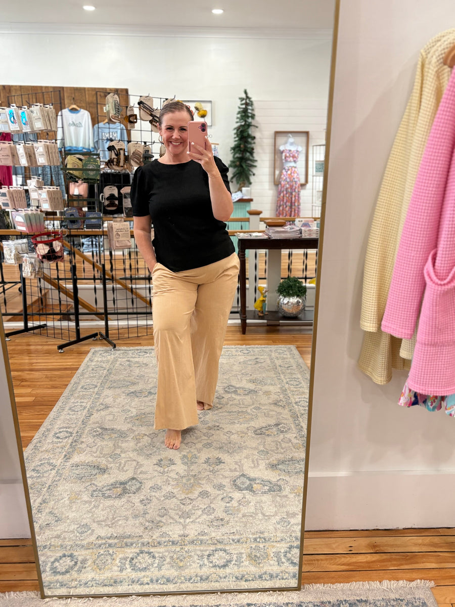 Linen Blend Pants with Smocked Waist- Sand