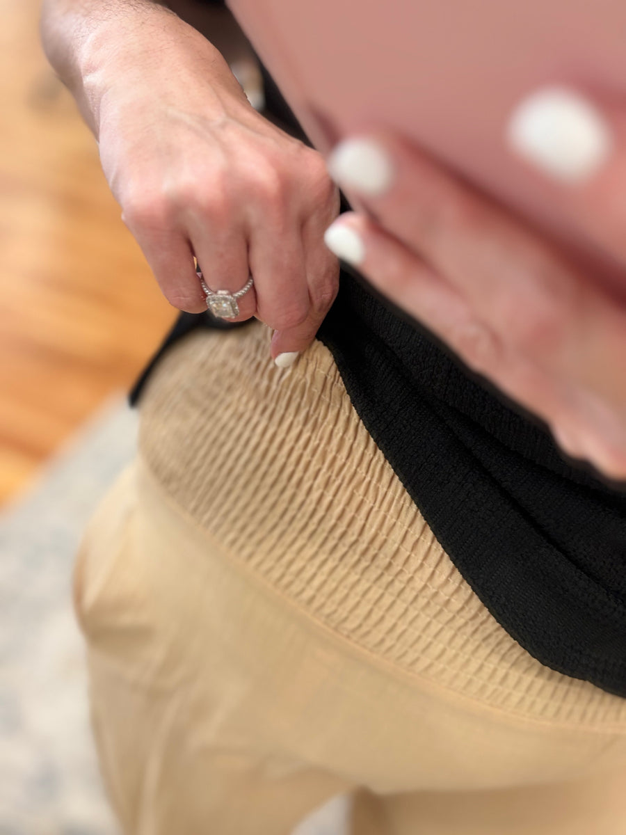 Linen Blend Pants with Smocked Waist- Sand