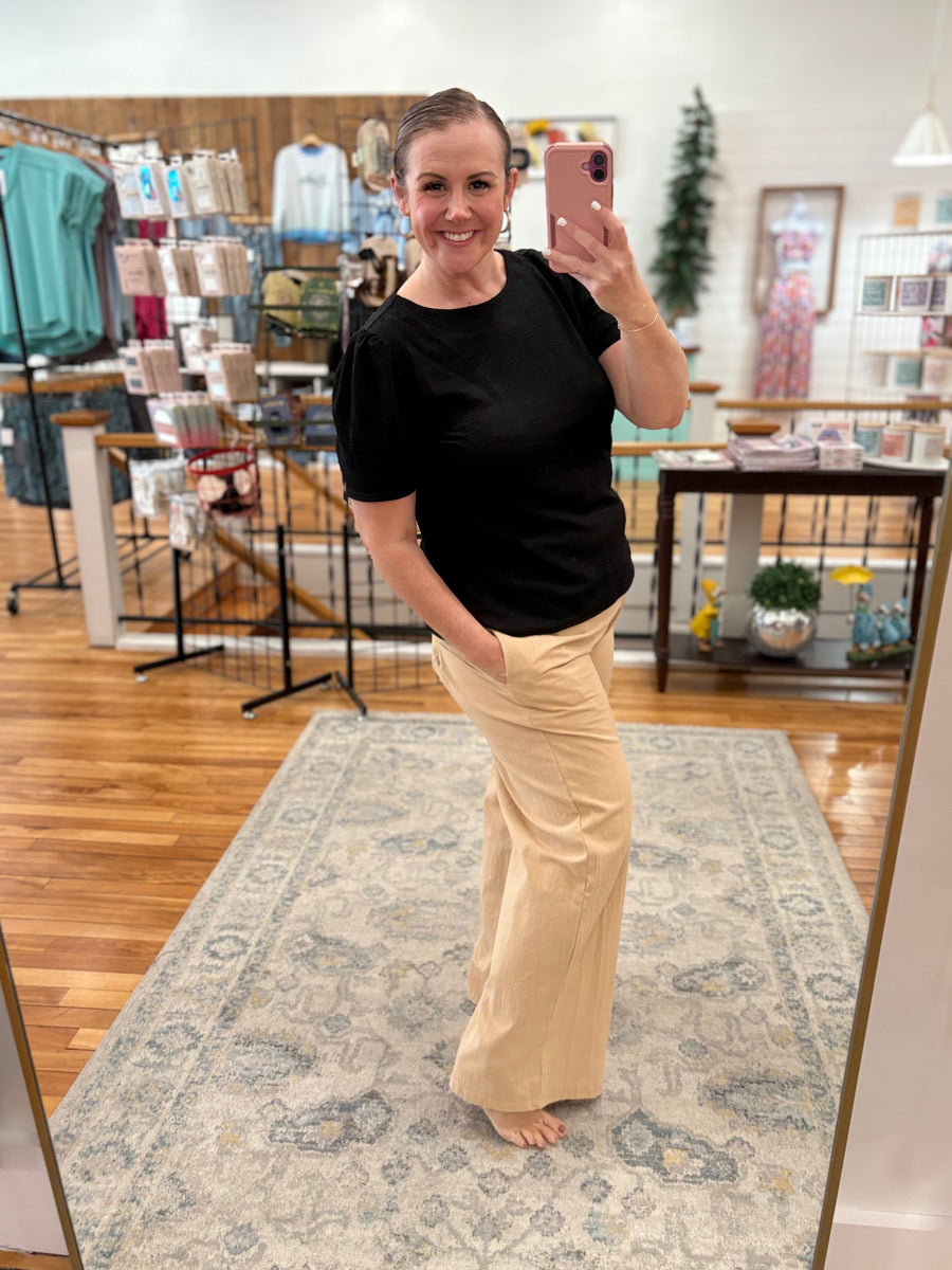 Linen Blend Pants with Smocked Waist- Sand