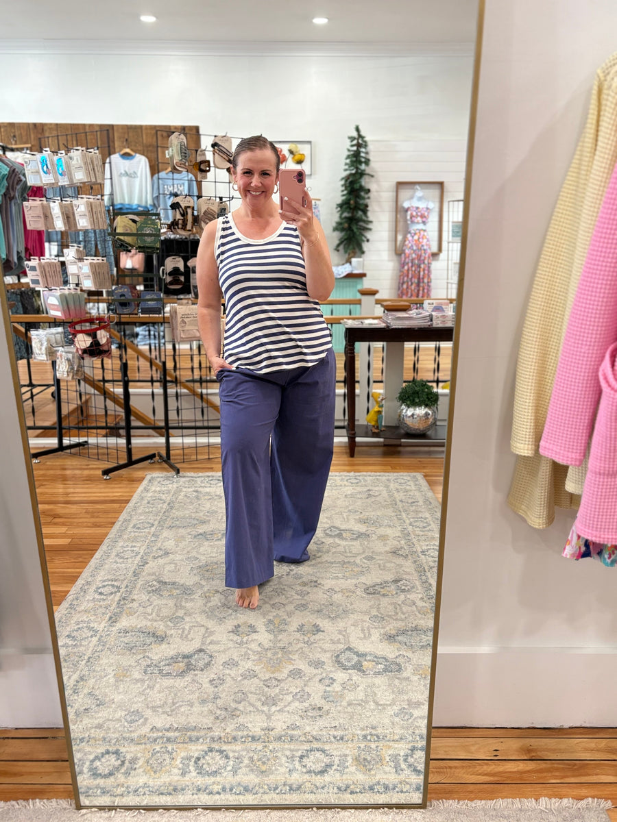 Linen Blend Pants with Smocked Waist- Navy