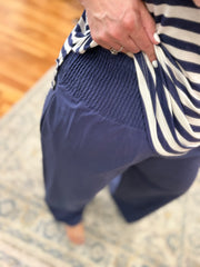 Linen Blend Pants with Smocked Waist- Navy