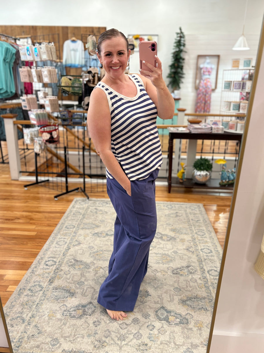 Linen Blend Pants with Smocked Waist- Navy