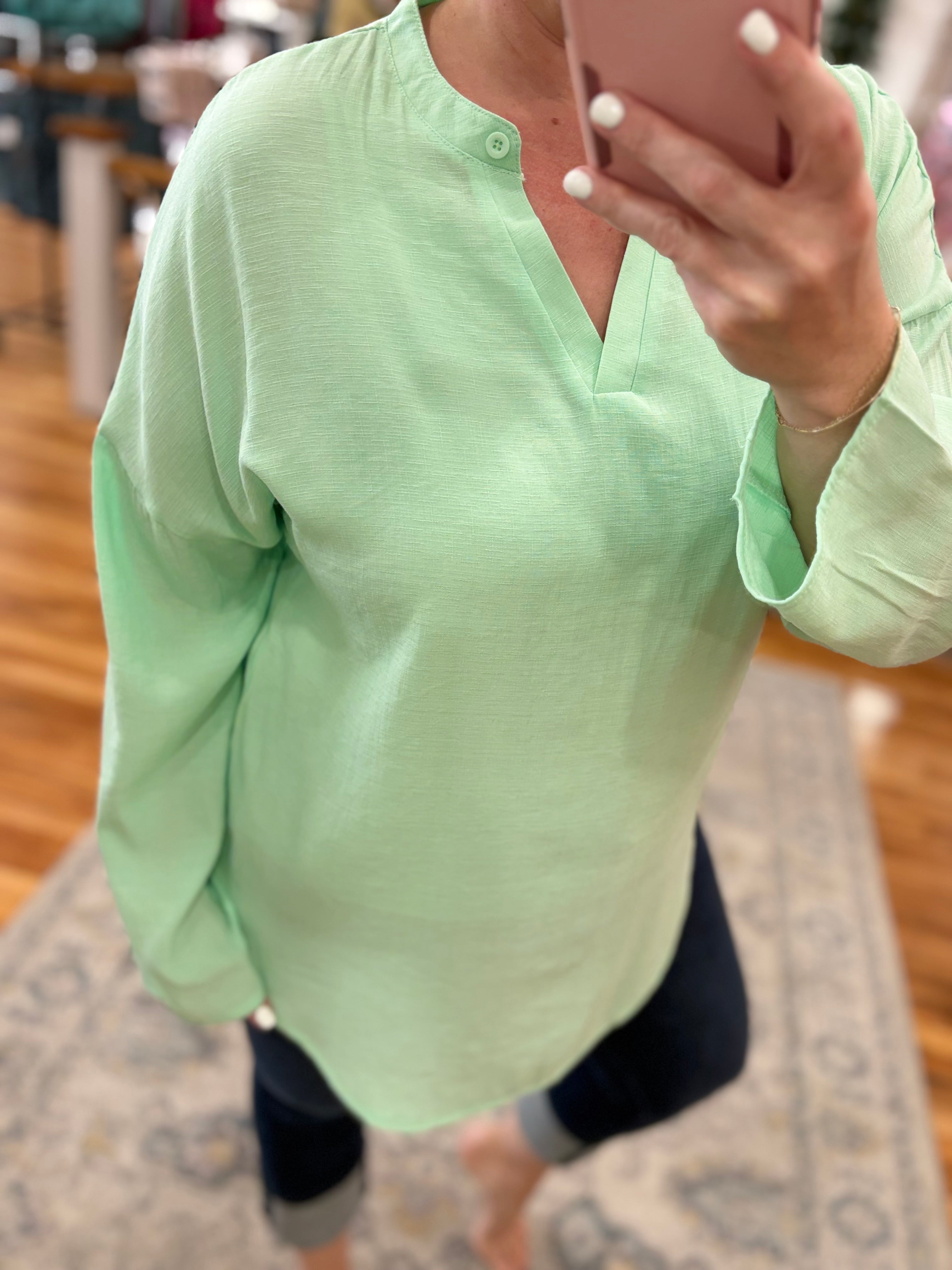 V-Neck Linen Breathable Shirt- Green