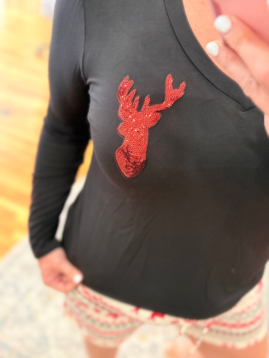 Sequin Reindeer Patch Tee- Black