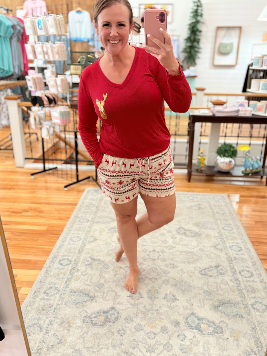 Sequin Reindeer Patch Tee- Red