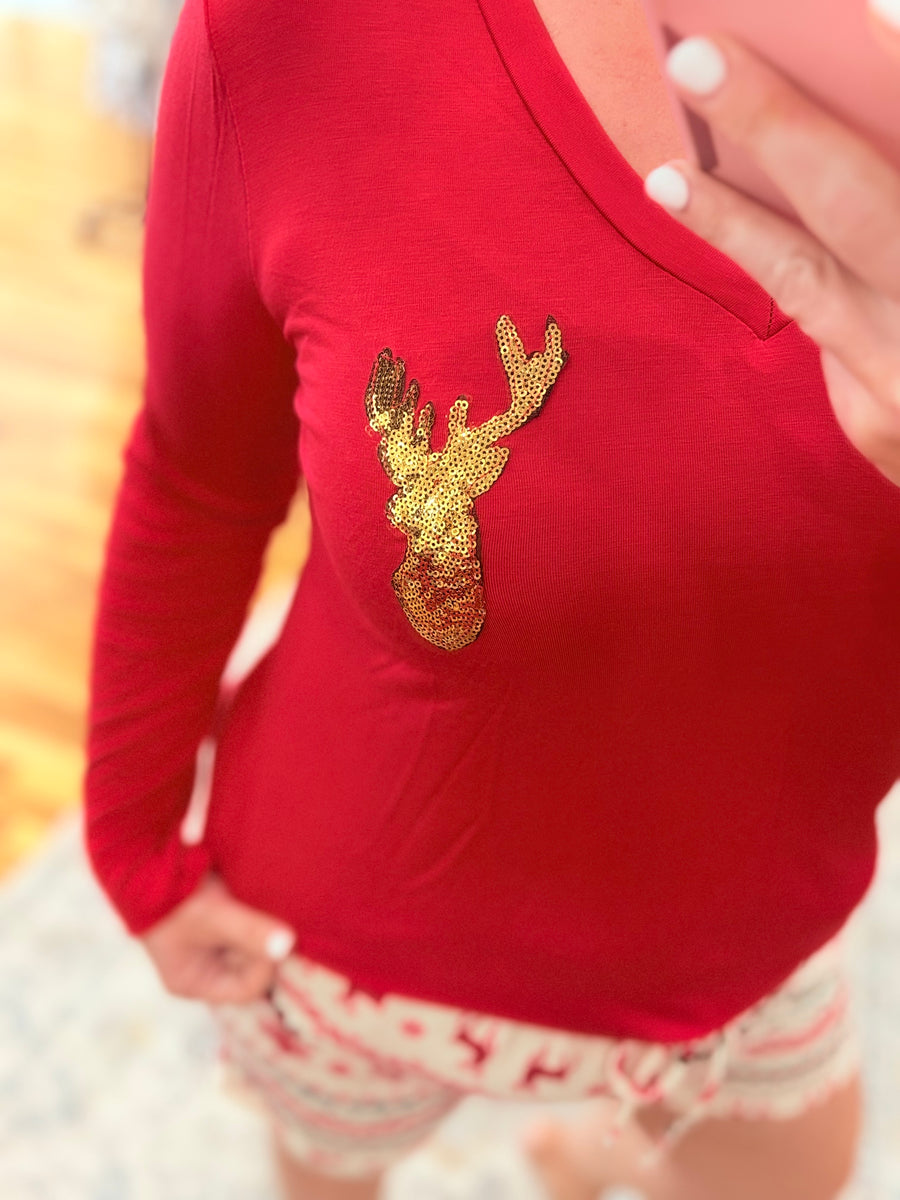 Sequin Reindeer Patch Tee- Red