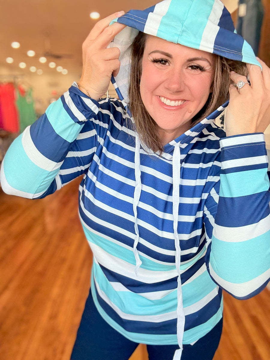 Multi Striped Drawstring Long Sleeve Hoodie