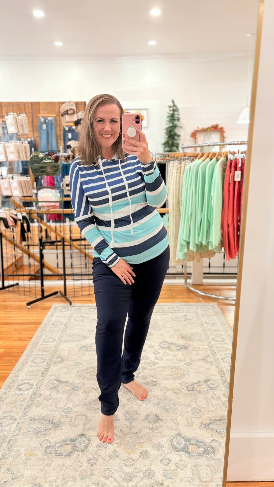 Multi Striped Drawstring Long Sleeve Hoodie