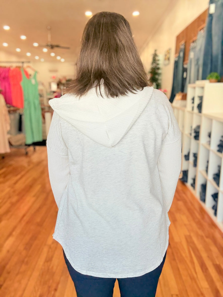 Gray Button Up Contrast Knitted Sleeves Hooded Jacket