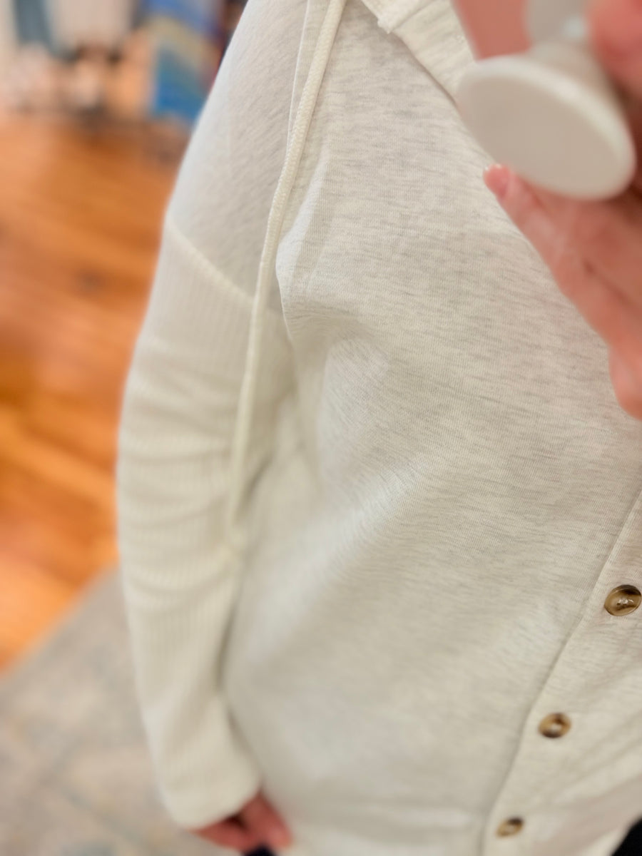 Gray Button Up Contrast Knitted Sleeves Hooded Jacket