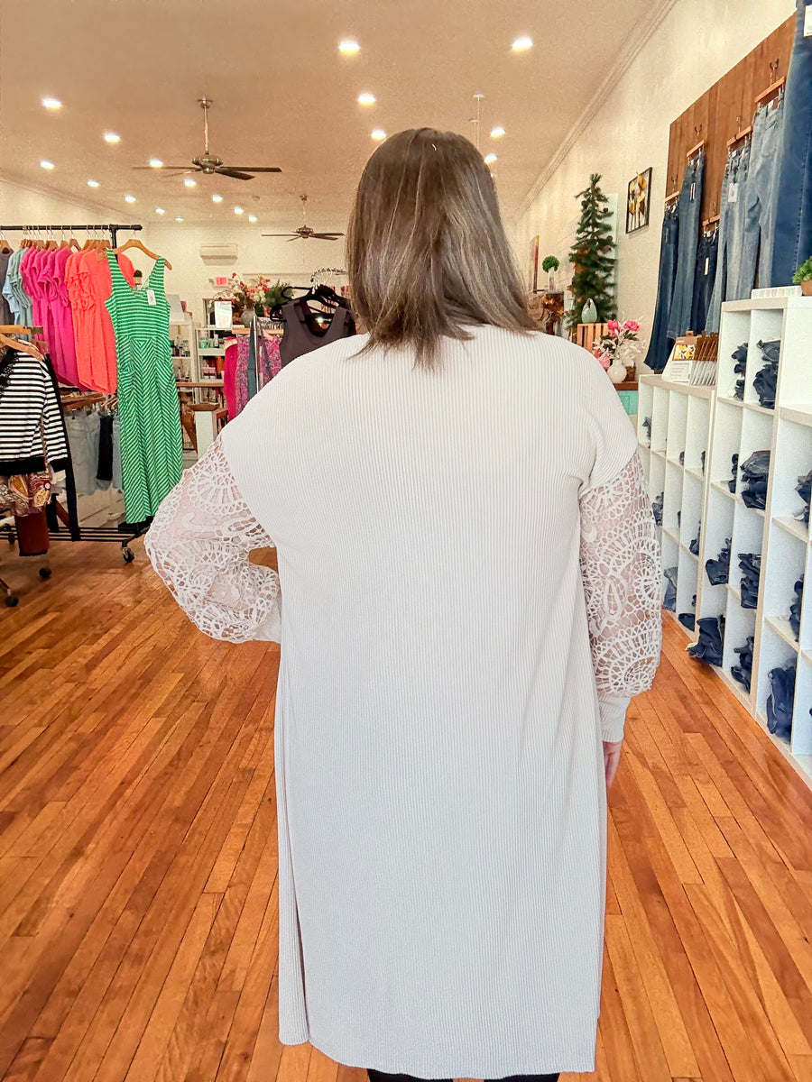 Parchment Lace Patchwork Ribbed Knit Open Front Duster Cardigan