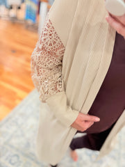 Parchment Lace Patchwork Ribbed Knit Open Front Duster Cardigan