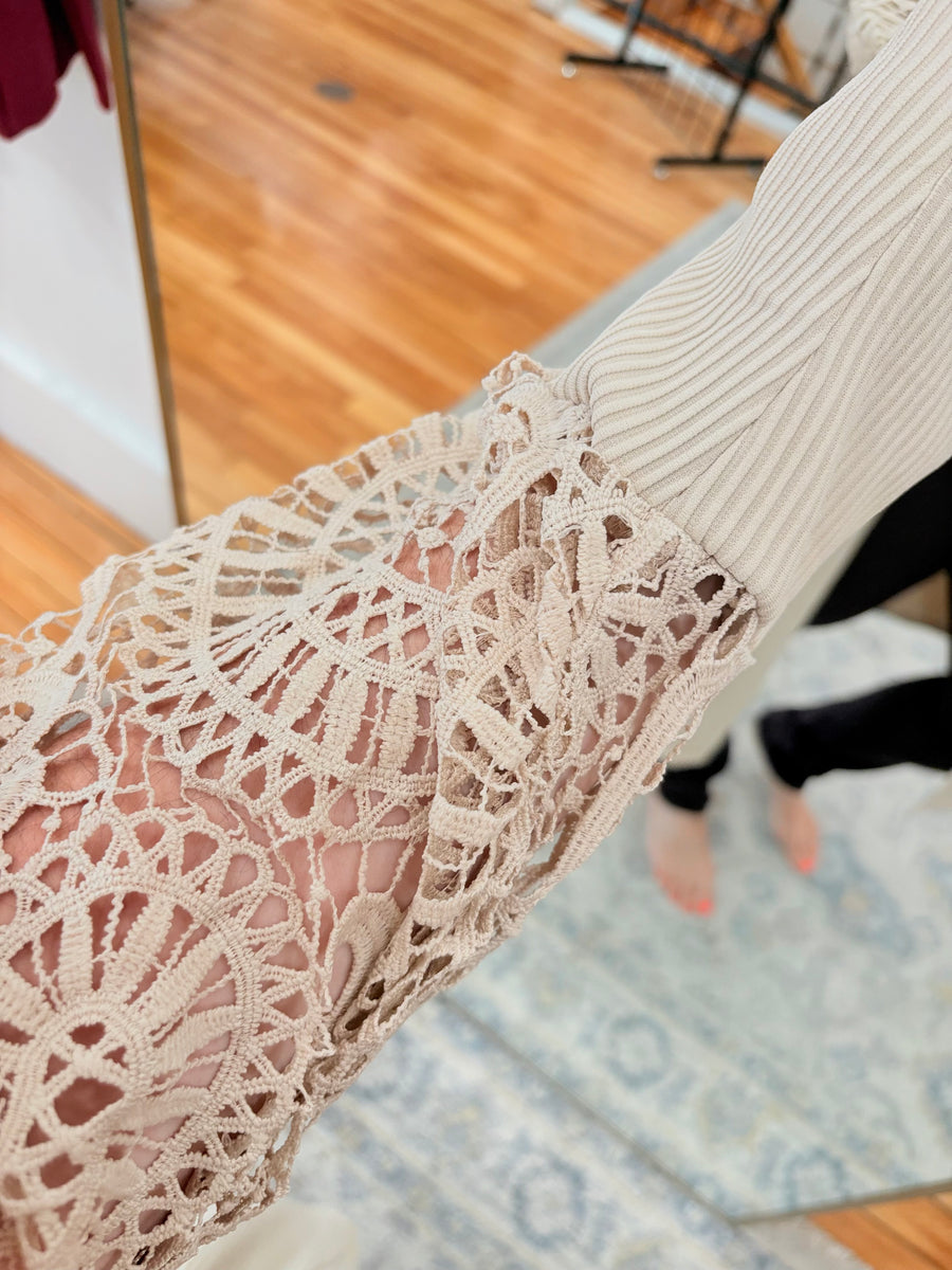Parchment Lace Patchwork Ribbed Knit Open Front Duster Cardigan