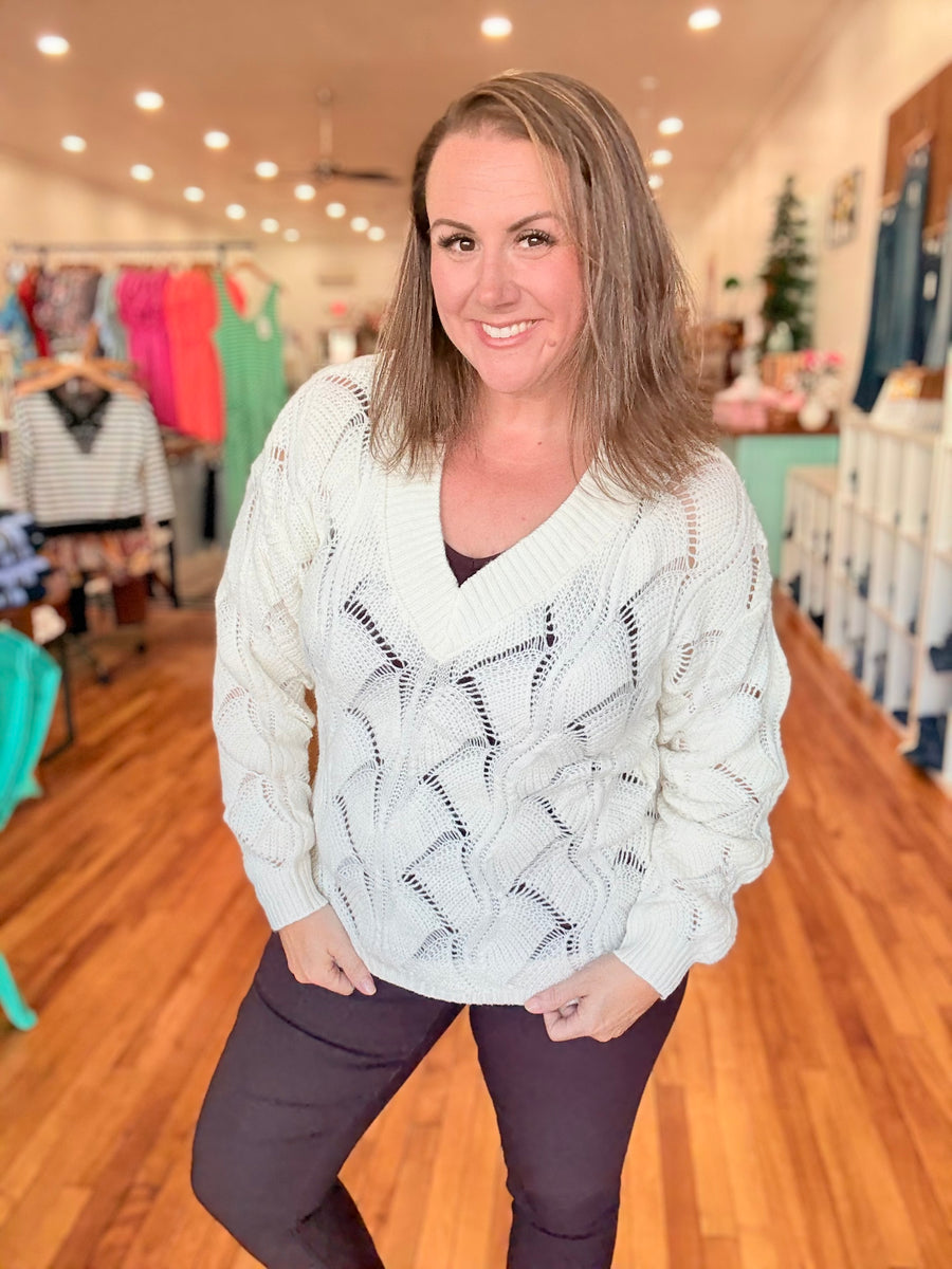 Beige Hollow Out Knit V Neck Drop Shoulder Sweater