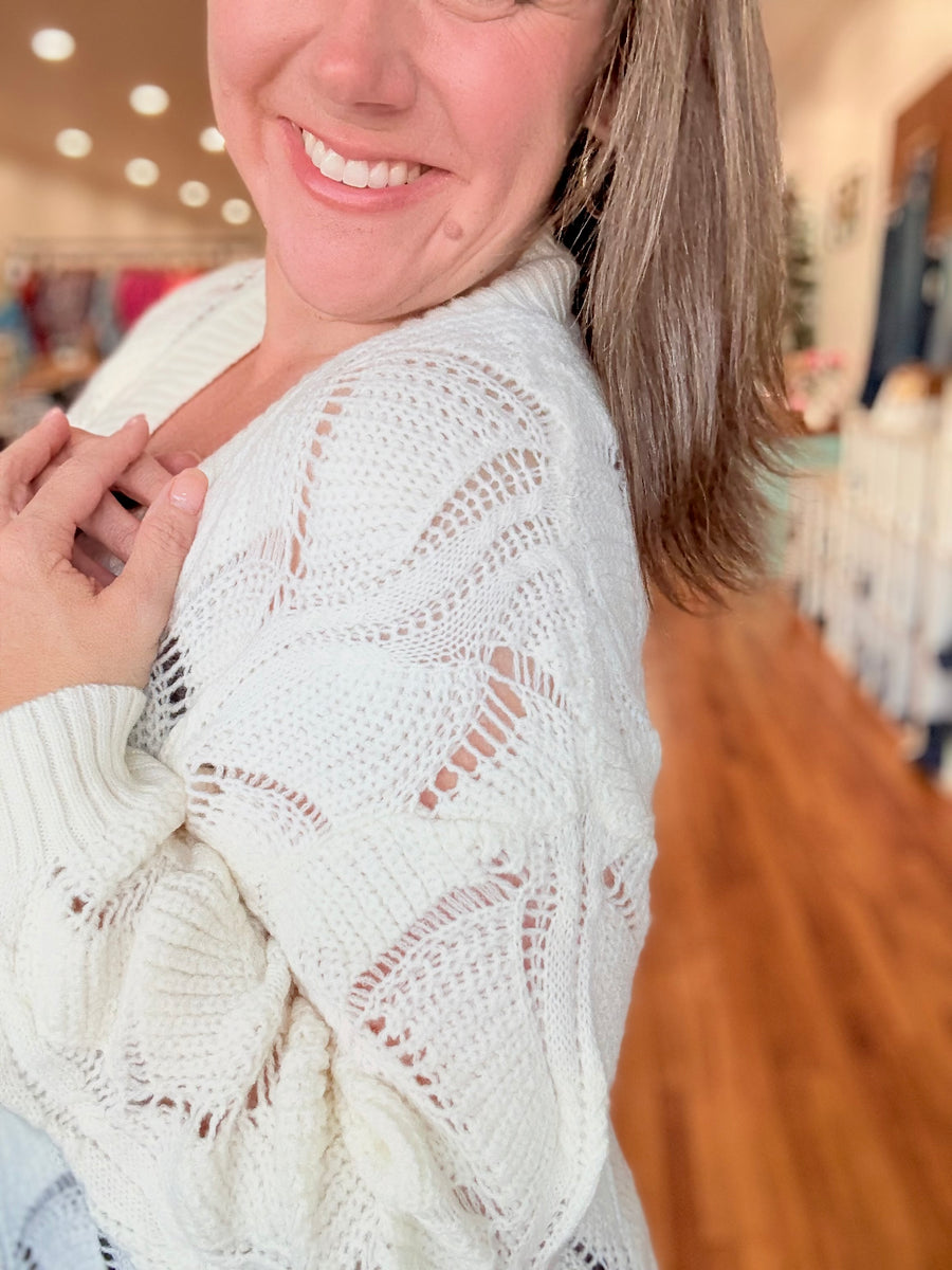 Beige Hollow Out Knit V Neck Drop Shoulder Sweater