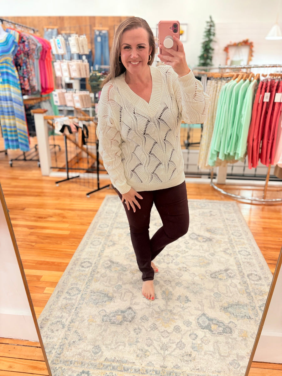 Beige Hollow Out Knit V Neck Drop Shoulder Sweater