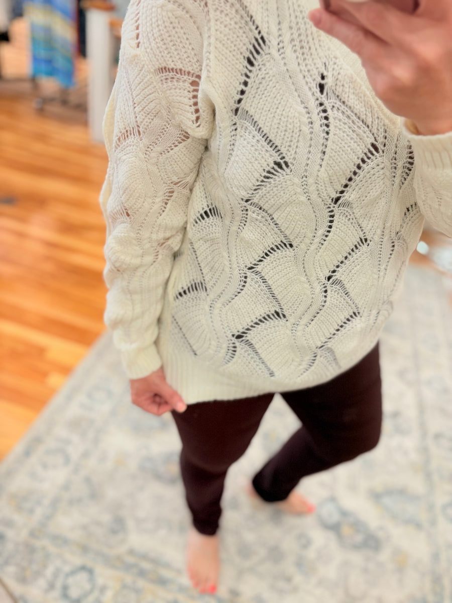 Beige Hollow Out Knit V Neck Drop Shoulder Sweater