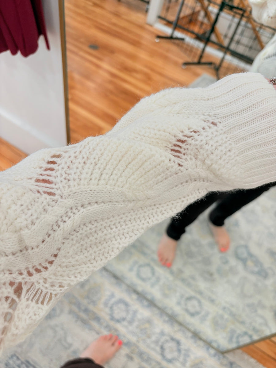Beige Hollow Out Knit V Neck Drop Shoulder Sweater