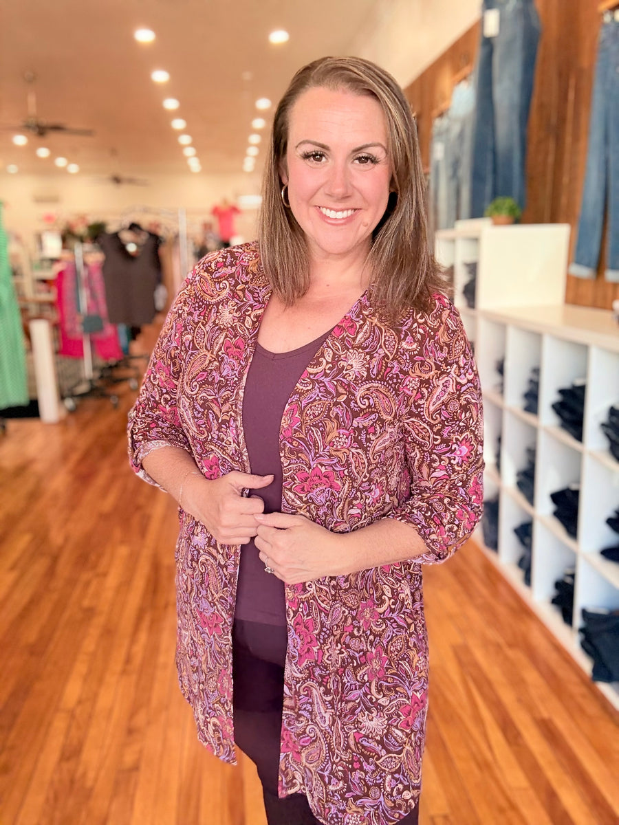Throw On Cardigan- Burgundy Paisley