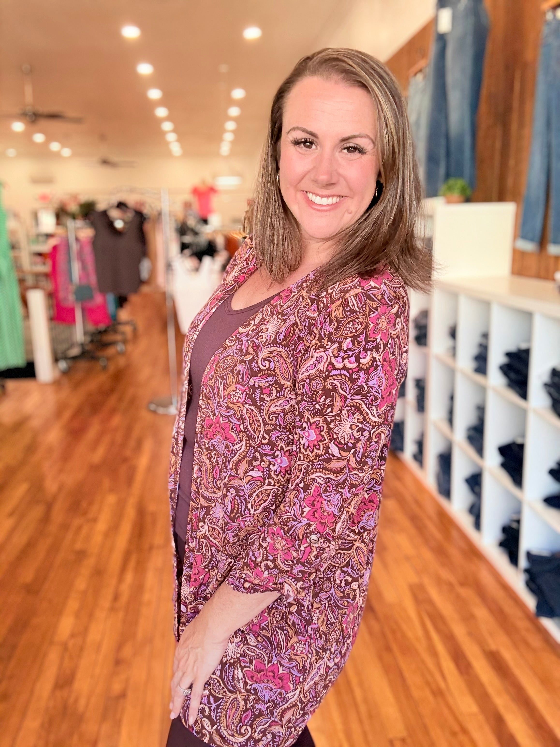 Throw On Cardigan- Burgundy Paisley