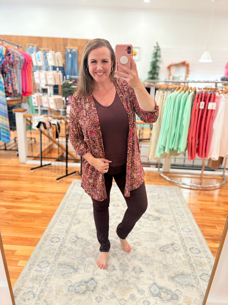 Throw On Cardigan- Burgundy Paisley