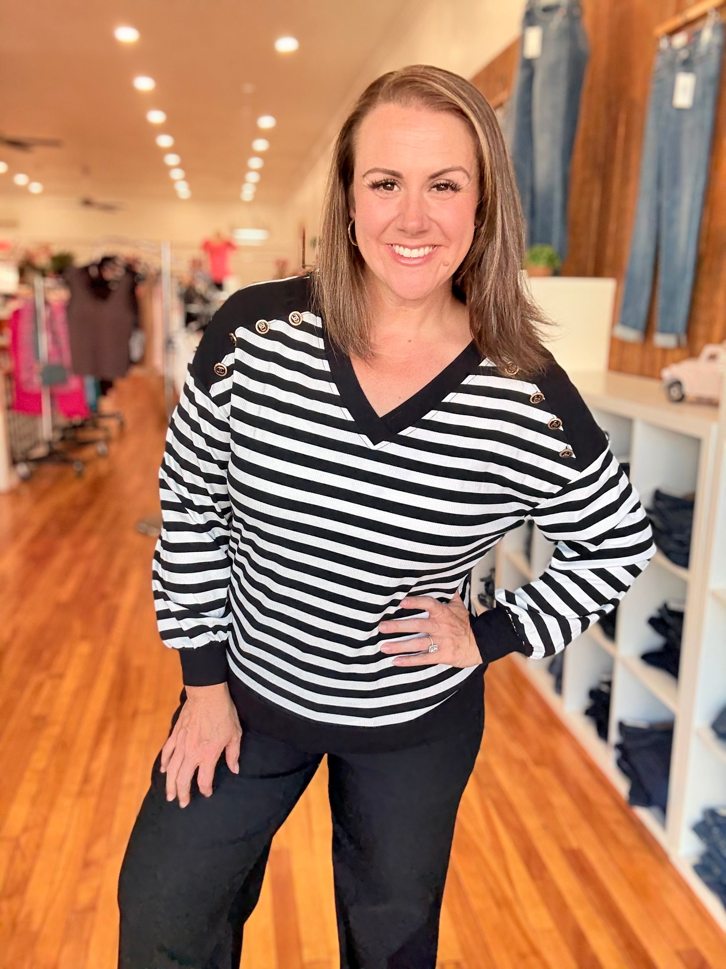 Black Stripe Crochet Hollow-out Back Buttoned Shoulder V Neck Top