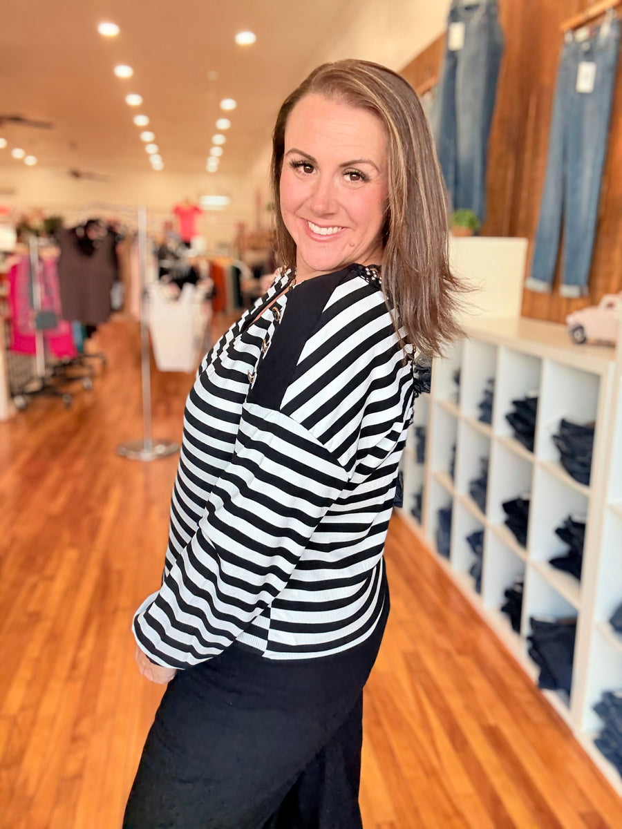 Black Stripe Crochet Hollow-out Back Buttoned Shoulder V Neck Top