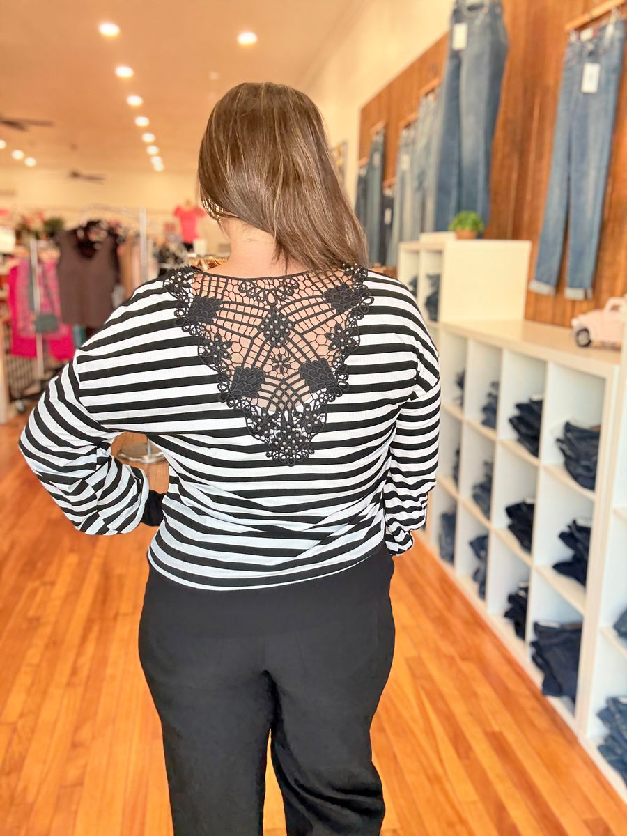 Black Stripe Crochet Hollow-out Back Buttoned Shoulder V Neck Top