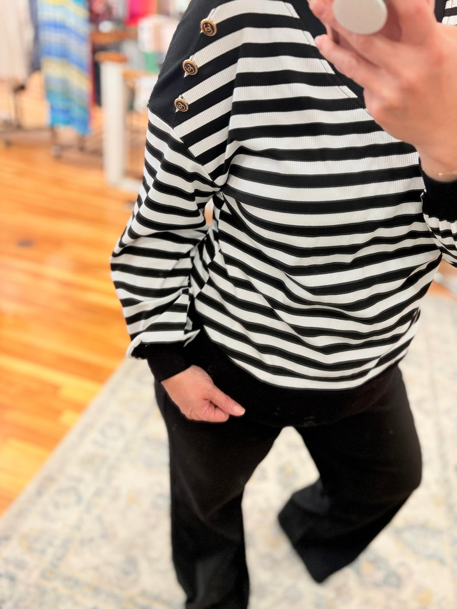 Black Stripe Crochet Hollow-out Back Buttoned Shoulder V Neck Top