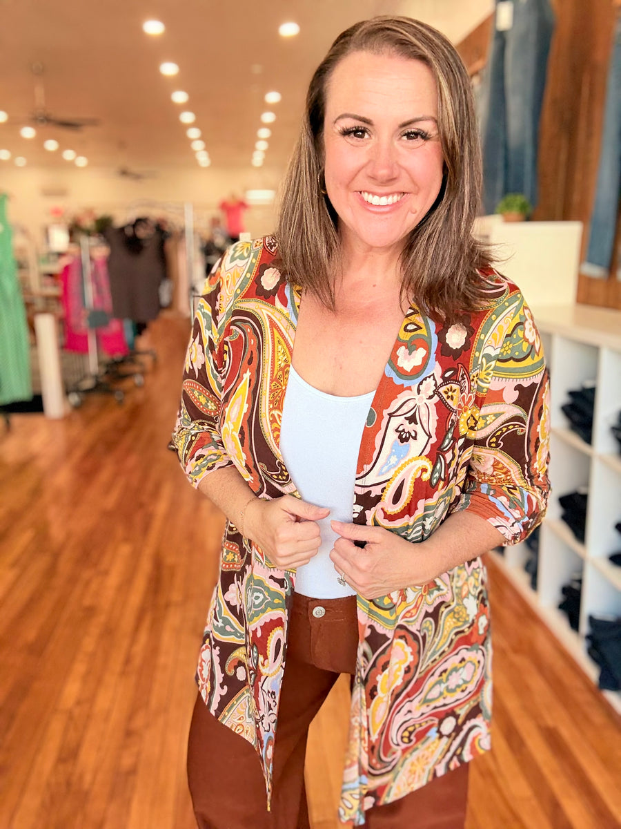 Throw On Cardigan- Chocolate Paisley