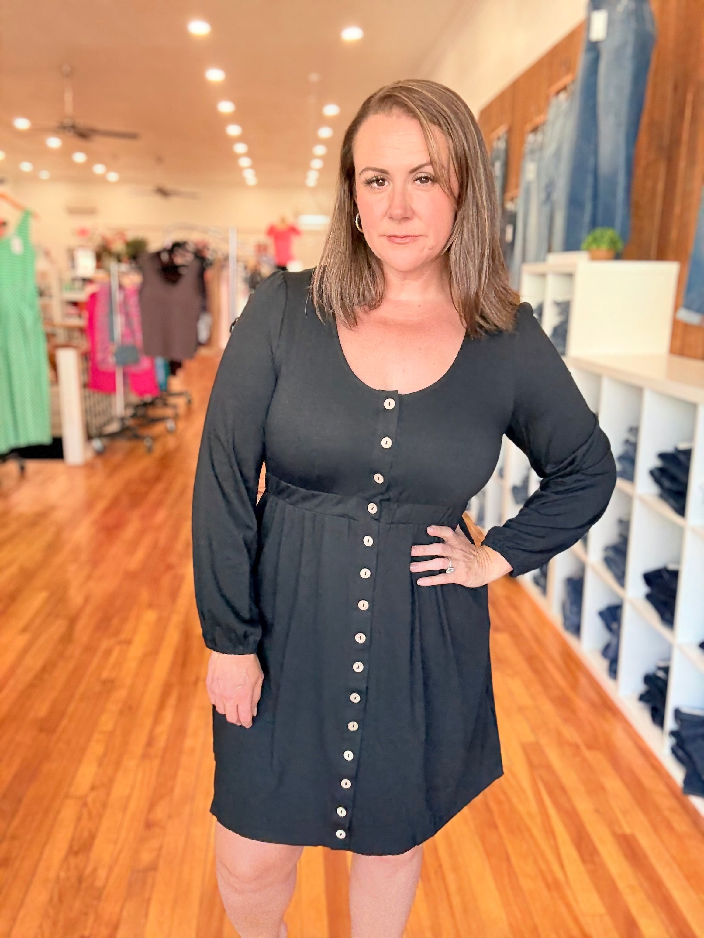 Button Up Long Sleeve Dress- Black