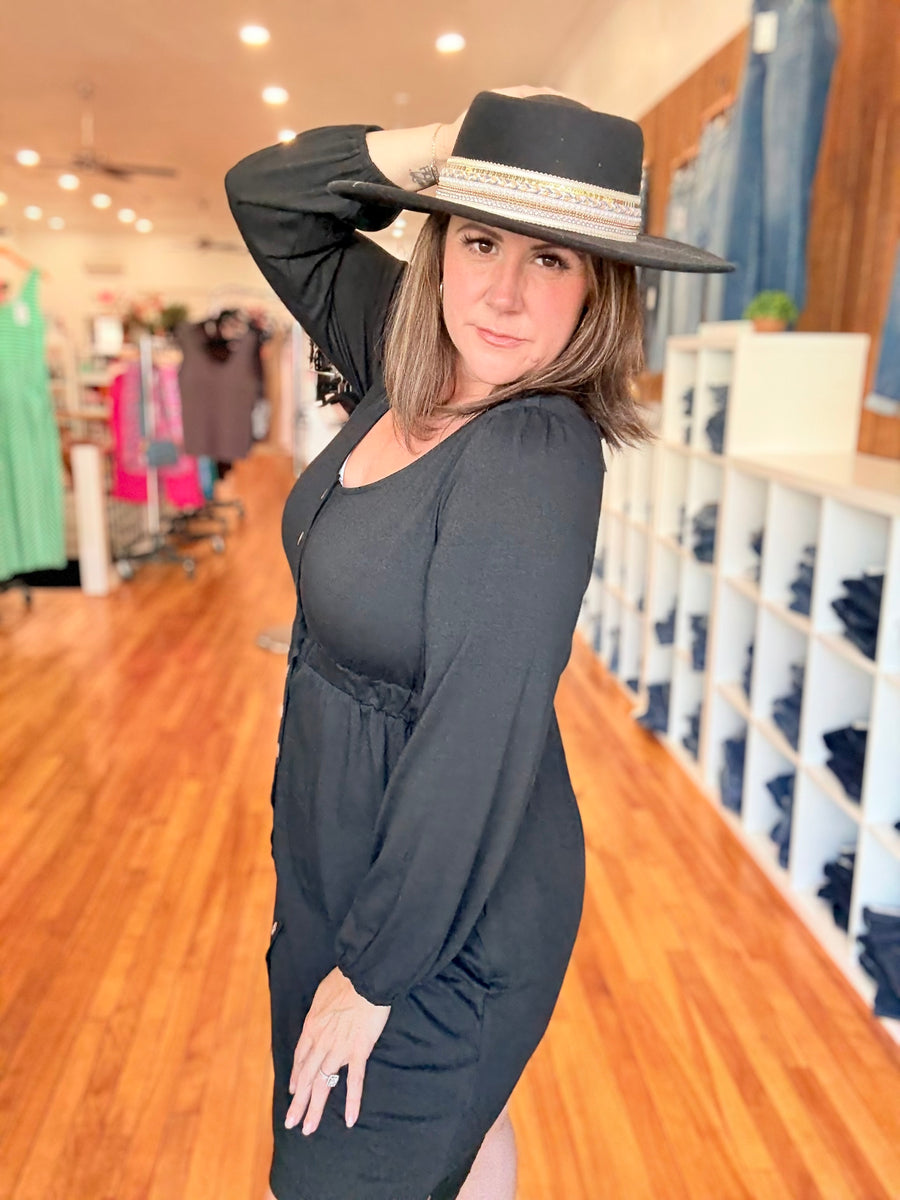 Button Up Long Sleeve Dress- Black