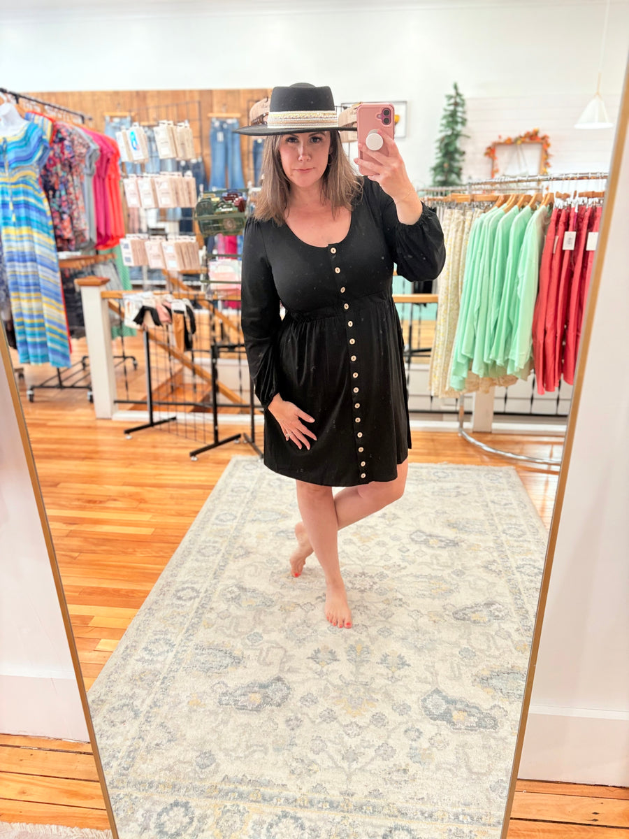 Button Up Long Sleeve Dress- Black