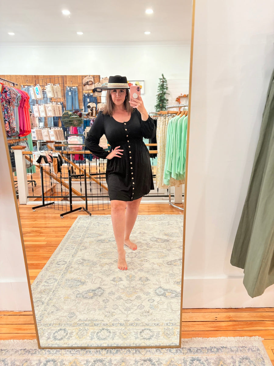 Button Up Long Sleeve Dress- Black