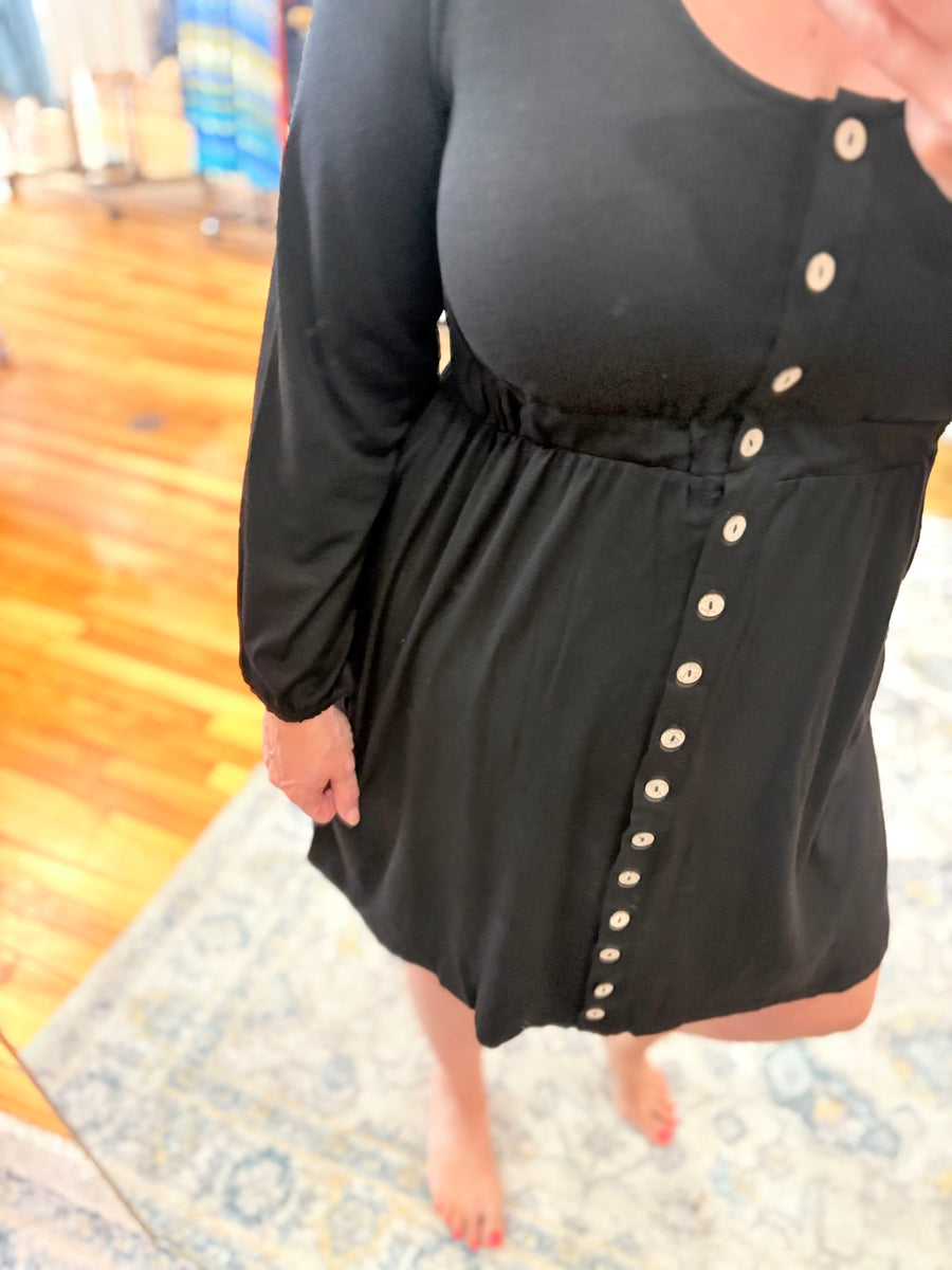 Button Up Long Sleeve Dress- Black