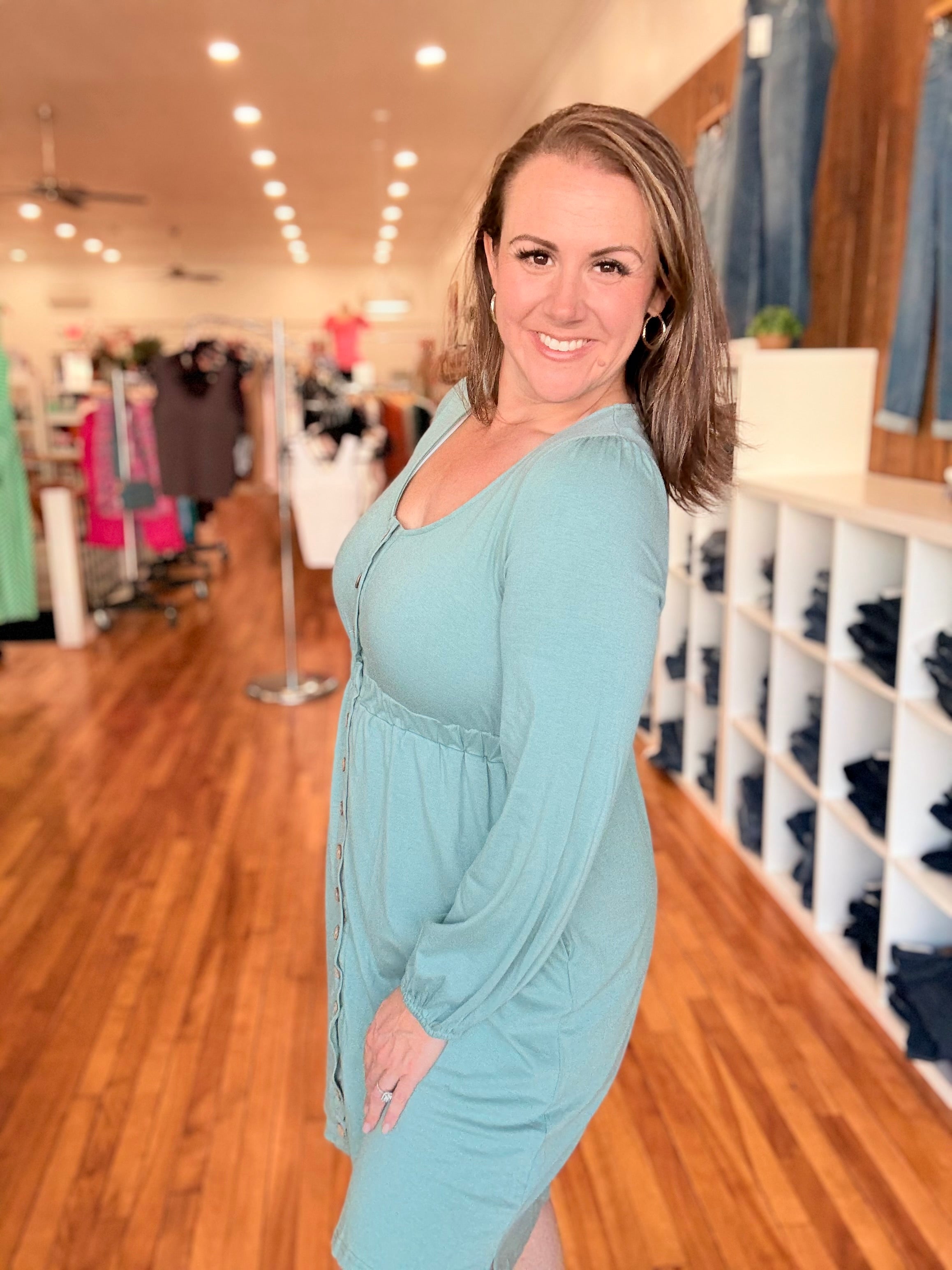 Button Up Long Sleeve Dress- Green