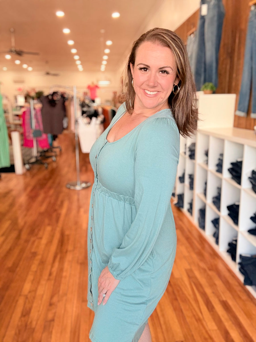 Button Up Long Sleeve Dress- Green