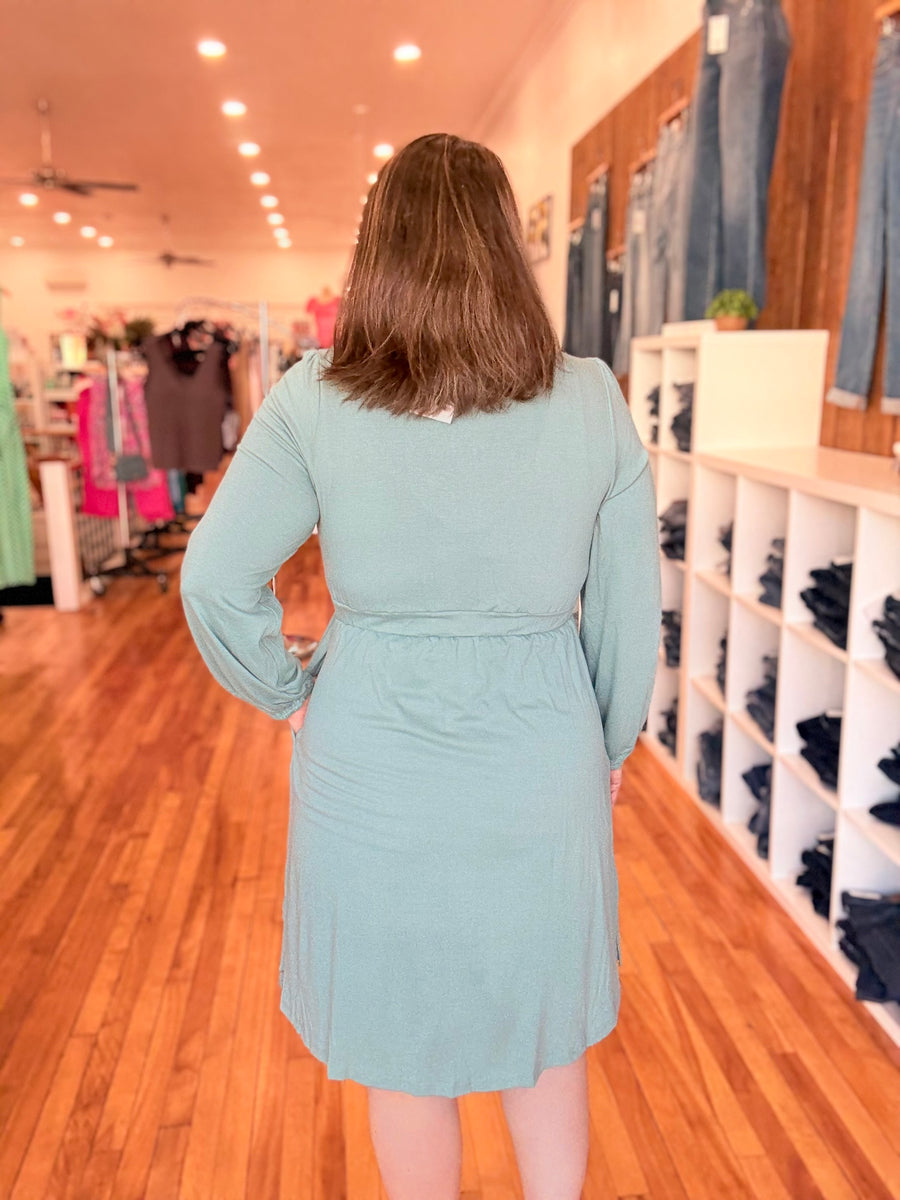 Button Up Long Sleeve Dress- Green