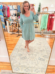 Button Up Long Sleeve Dress- Green