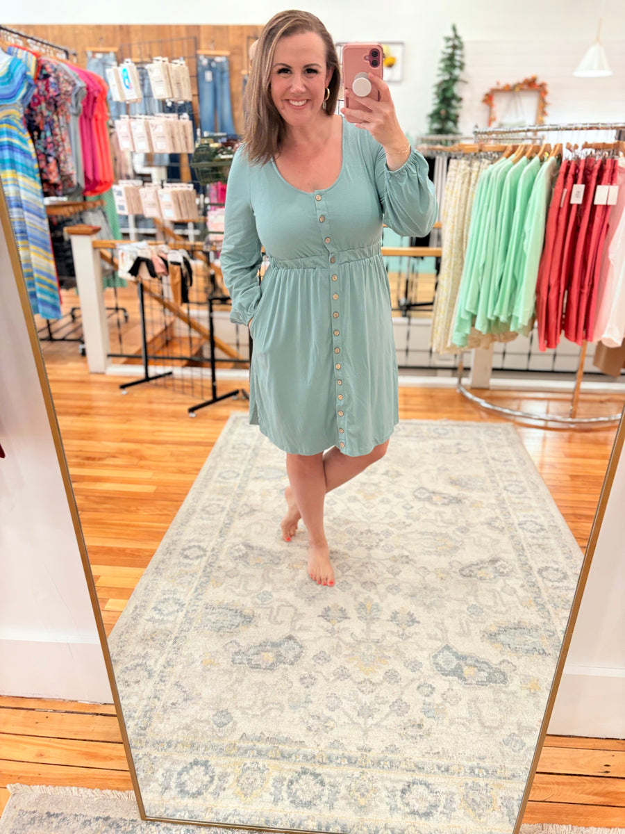 Button Up Long Sleeve Dress- Green