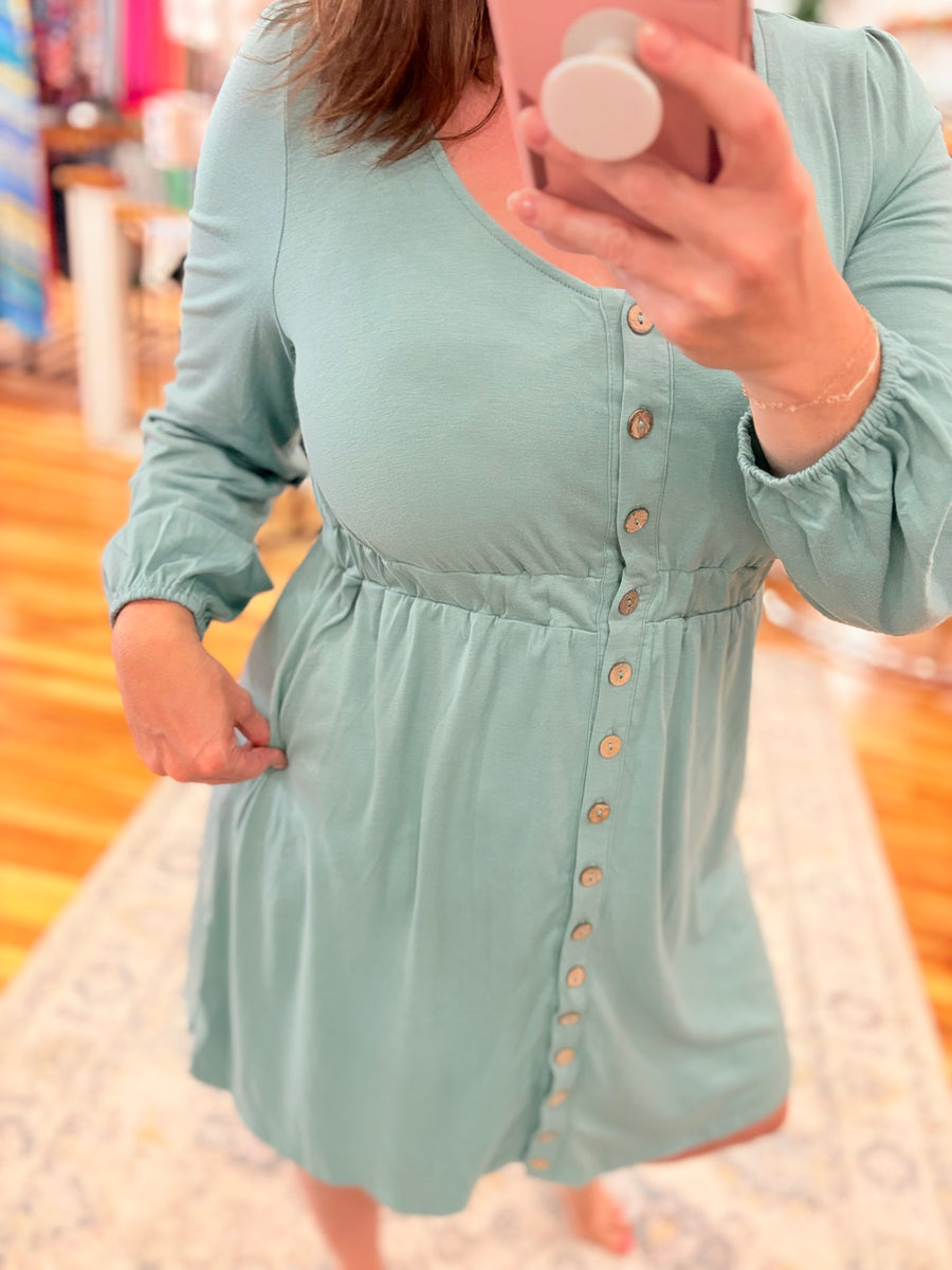 Button Up Long Sleeve Dress- Green