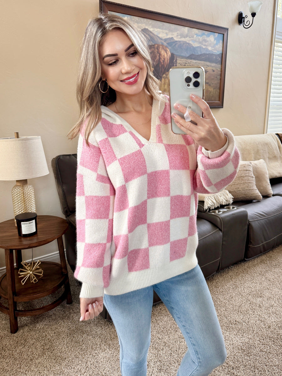 WAREHOUSE Checkered Hoodie - Pink and White