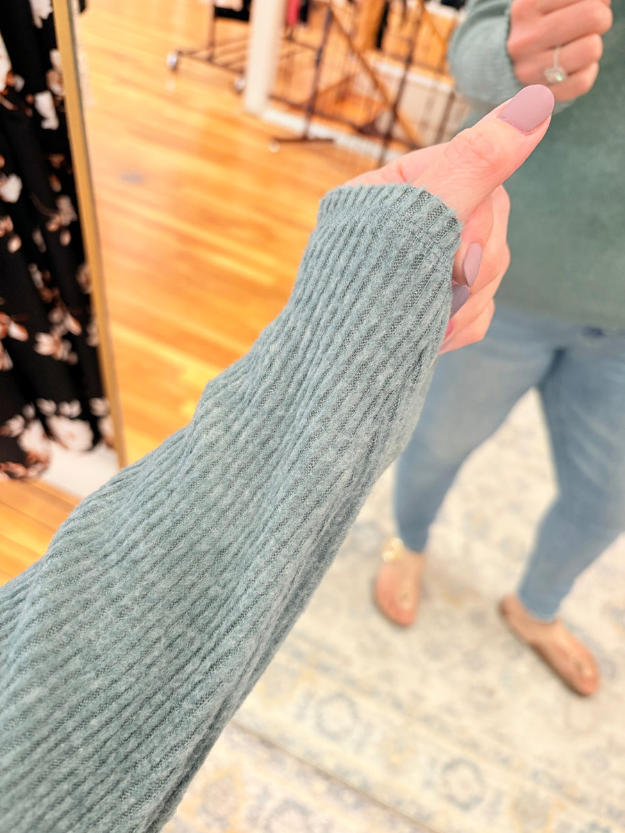 Ribbed V-Neck Drop Shoulder Top- Ash Jade