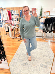 Ribbed V-Neck Drop Shoulder Top- Ash Jade