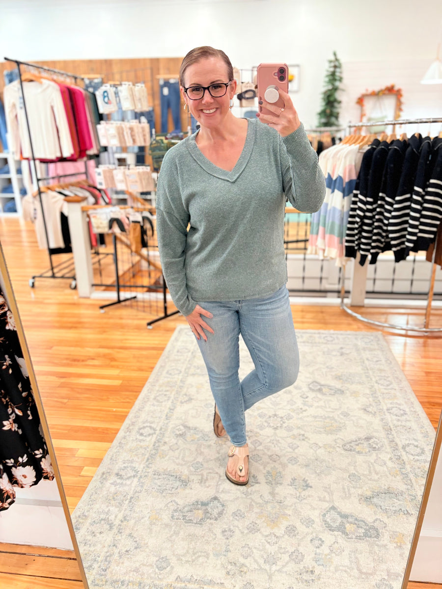 Ribbed V-Neck Drop Shoulder Top- Ash Jade